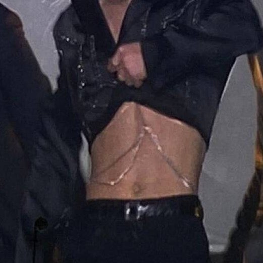 taehyungtannah's tweet photo. New jacket, new body chain and more baby oil 😭😭😭 Jungkooks abs are GLISTENING ✨ #PTD_ON_STAGE_LV https://t.co/OMR19JGwFi
