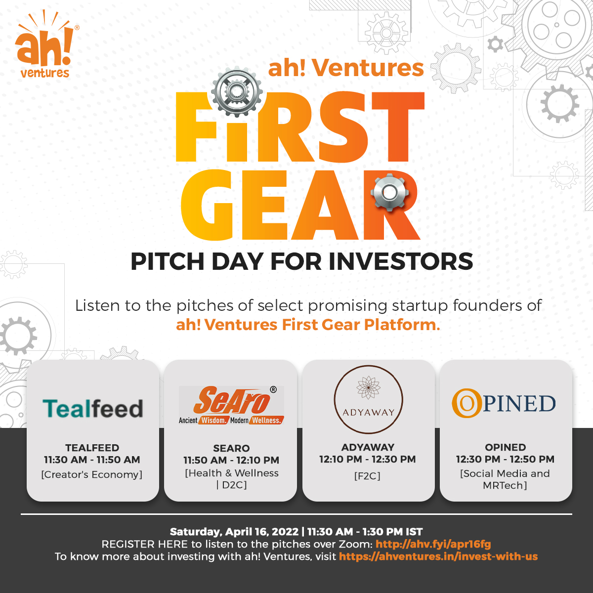 ahventures's tweet photo. 4 up-and-coming, very early-stage startups from our First Gear Platform are pitching to get funded on 16th April 2022, 11:30 AM-1:30 PM IST. 

Register for free: https://t.co/7XlMYP78Ly

To invest with us, enroll at https://t.co/ejZKs5EK03.

#ahVentures #pitchday #investors https://t.co/xpbaJDOGar