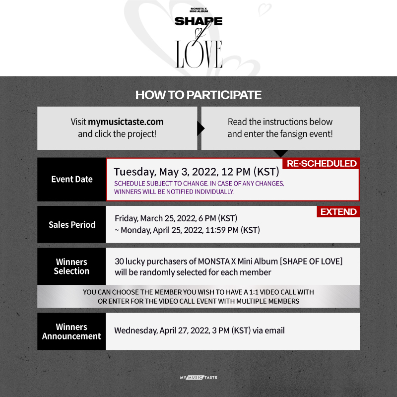 _mmtshop's tweet photo. MONSTA X [SHAPE of LOVE] Global Video Call date and sales period has been changed! 

⏳Available until April 25, 11:59 PM (KST) 
🗓️Tuesday, May 3, 12PM (KST)

Grab your CD for a chance to win!
📲👉https://t.co/hmXjWAOEyk

#몬스타엑스 #MONSTAX_Fansign with #MMTShop https://t.co/eG7JKzRm1b