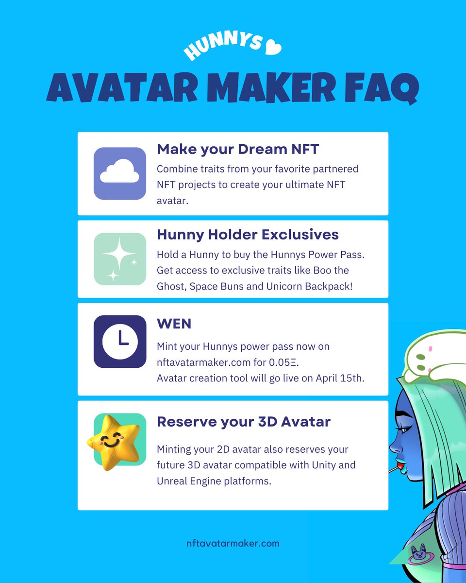 🚀Avatar Maker FAQ🚀

⭐️Mix traits from your favorite partnered collections to make your dream avatar
⭐️ Mint a Hunnys Power Pass Ξ0.05 at nftavatarmaker.com
⭐️Create your avatar on April 15th+
⭐️Reserves a matching 3D avatar compatible with Unity &amp; Unreal Engine

#nfts
