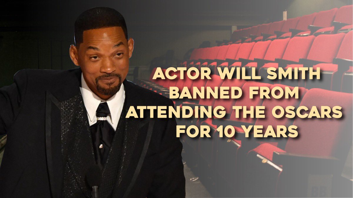 kayarcangel's tweet photo. Due to the events that happened at rhe Oscars, the Film Academy banned actor Will Smith from attending for a decade. 
Read more here: https://t.co/ivvrD3kIyu
#RSJ108 #Oscars @DisruptiveDESGN https://t.co/LtzCiFqyUK