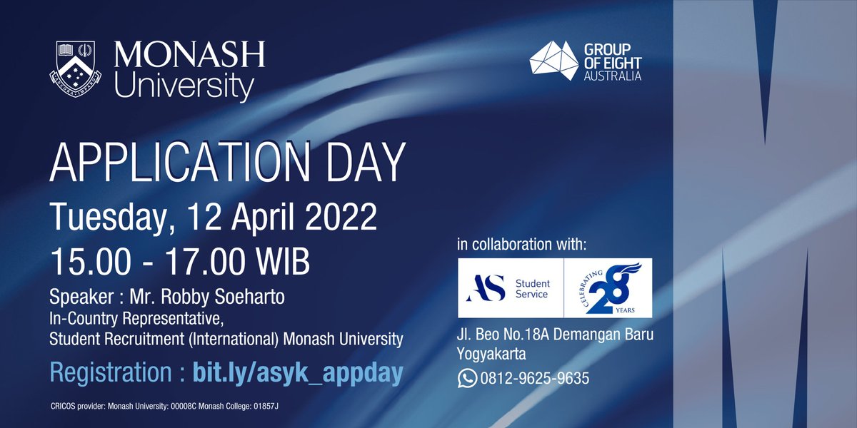 Info_AS_Student's tweet photo. Kamu sudah punya rencana kuliah di Australia? Monash bisa jadi pilihan yg cocok untukmu! 

Yuk ikuti sesi 1-on-1 dengan perwakilan Monash, daftar sekarang ya gratis! https://t.co/tVeN8GK8k8
#Australia #studyabroad https://t.co/jy2nZ9LdoG