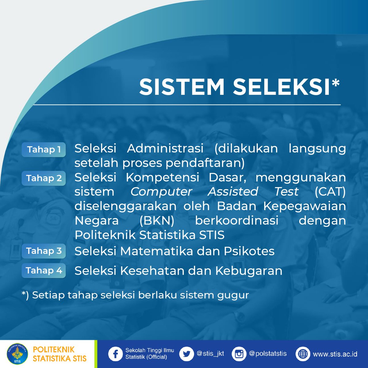[Informasi Penerimaan Mahasiswa Baru 2022]

Halo, muda mudi penerus bangsa!
Politeknik Statistika STIS kembali membuka Seleksi Penerimaan Mahasiswa Baru Tahun Akademik 2022/2023. Catat informasi dan poin-poin penting tersebut, ya!(1/3)