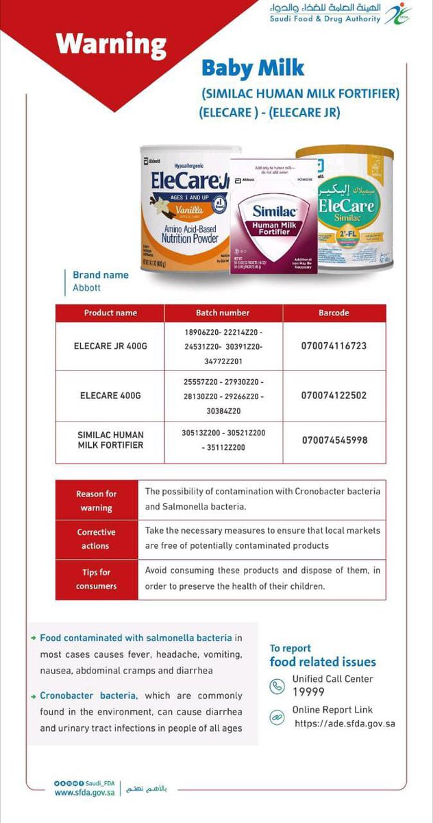 Safetyfirstarab's tweet photo. SFDA Warns Against 3 Baby Milk Powder products 

Brand Name:  ABBOTT

Due to Possibility of Contamination with Bacteria https://t.co/cdL96oOX7P