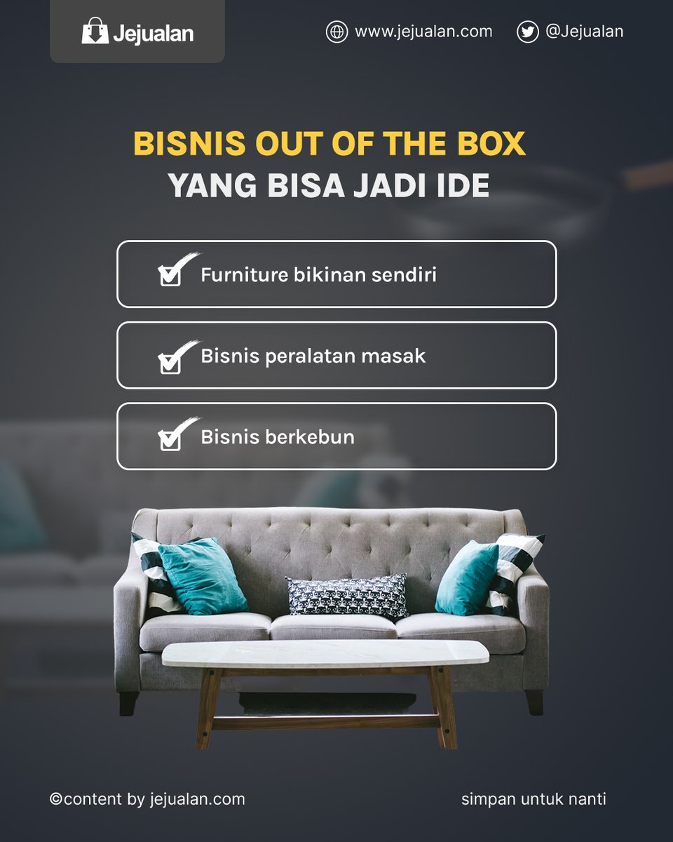 Jejualan's tweet photo. Ini dia beberapa bisnis unik yang bisa ditiru 

Mempunyai keunikan dalam bisnis itu bisa jadi poin plus lho, karena nilai jual nya jadi lebih bagus 

Tertarik mencoba bisnis yang unik Kanca Jejualan?

#JualanPakaiJejualan KontenJualan #BehindTheScene #Jualan https://t.co/szBXGXxNfy