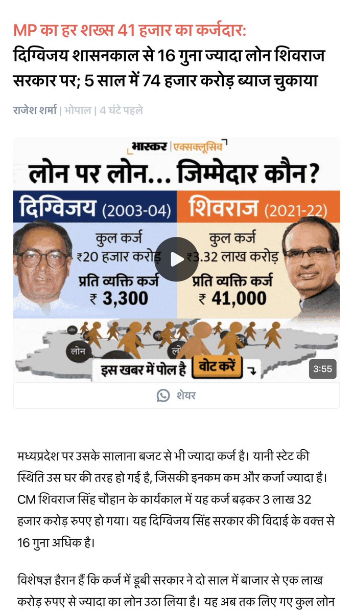 Amiti14's tweet photo. मध्यप्रदेश पर उसके सालाना बजट से भी ज्यादा कर्ज है।

हर प्रदेश वासी पर ₹41 हज़ार का बोझ!
मामू @ChouhanShivraj की ये है स्वर्णिम खुशहाल प्रदेश की सोच।
#MadhyaPradesh 

#BJPfails https://t.co/4RrVlVfZg5