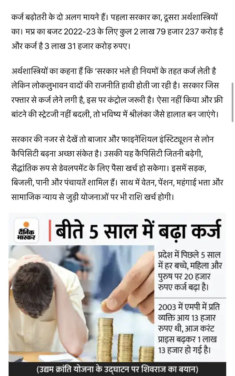 Amiti14's tweet photo. मध्यप्रदेश पर उसके सालाना बजट से भी ज्यादा कर्ज है।

हर प्रदेश वासी पर ₹41 हज़ार का बोझ!
मामू @ChouhanShivraj की ये है स्वर्णिम खुशहाल प्रदेश की सोच।
#MadhyaPradesh 

#BJPfails https://t.co/4RrVlVfZg5