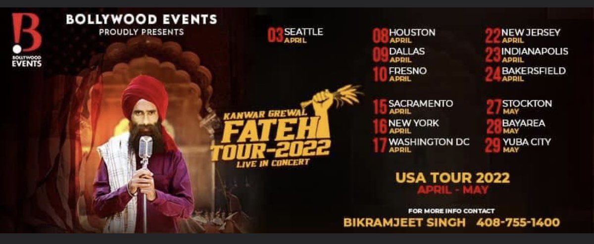BollyEvents's tweet image. Hello California!!!

Here, we are to start our journey of "Fateh Tour USA @KanwarGrewal1 (ਕੰਨਵਰ ਗਰੇਵਾਲ) Live in Concert ".
You can buy your tickets Sulekha.com or you can do contact with  Bikramjeet Singh 6692654603 

#KanwarGrewal