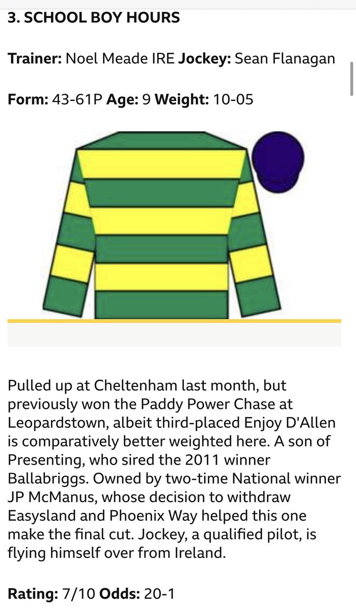 RJS2212's tweet image. 3. SCHOOL BOY HOURS
Trainer: Noel Meade IRE Jockey: Sean Flanagan
Form: 43-61P Age: 9 Weight: 10-05 @AQAMaths Easyland was replaced by school boy hours (is it a sign?) #GrandNational2022 #mathssweepstake