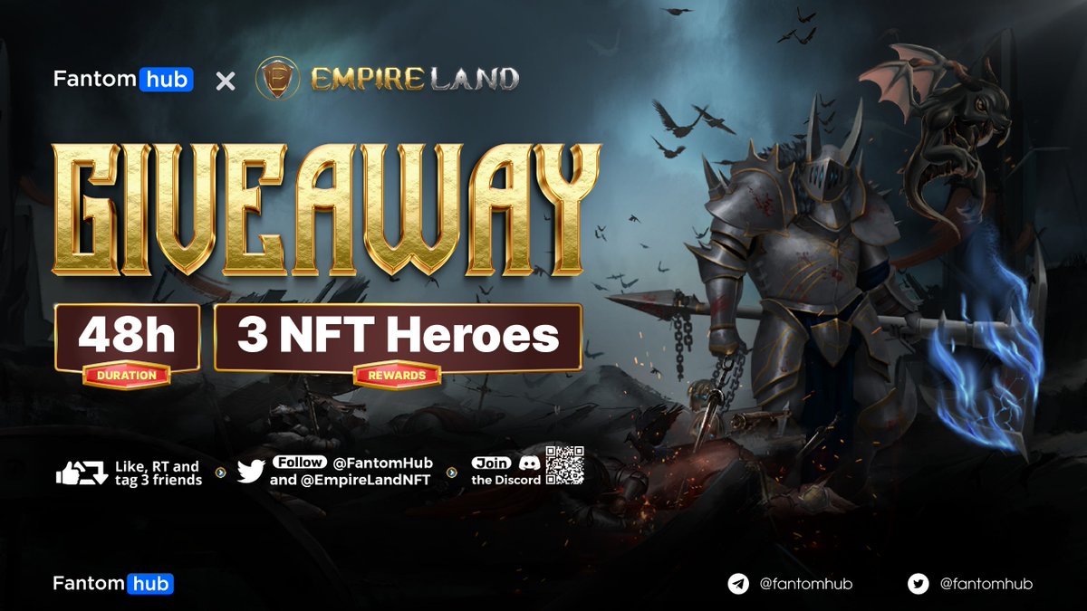 Sonichub_'s tweet photo. 🚀 GIVEAWAY: EmpireLand x FantomHub 🚀

⏰ Duration: 48H
🎁 Total Reward: 3 NFT Heroes

✅ Terms:
- Like &amp; Retweet and Tag 3 friends 🤝
- Follow @EmpireLandNFT &amp; @FantomHub 
- Join https://t.co/CXsWgZ3JP5

#Fantom #Giveaway #NFTGiveaway #NFTdrop https://t.co/HySXr9Fmeg