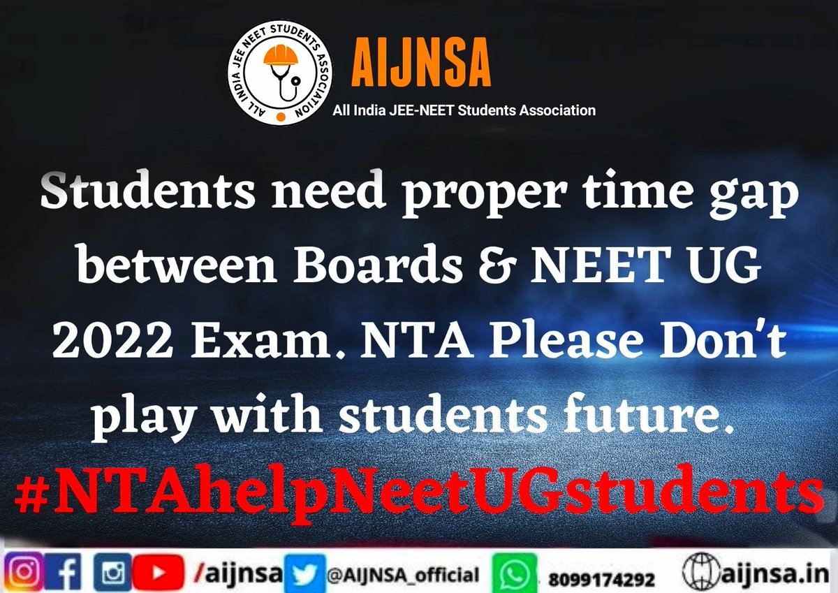 AIJNSA_official's tweet photo. Reason to Postpone NEET22
1. To reduce pressure on freshers 
In June(boards vs mains)
 In july(neet vs jee)
2. Counselling is delayed droppers will be affected
3. To bring back normal academic year 2 months reduction is injustice
#NTAHelpNeetUGStudents https://t.co/lpmlq8xnAj