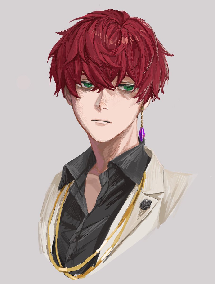 1boy male focus green eyes solo red hair jewelry earrings  illustration images