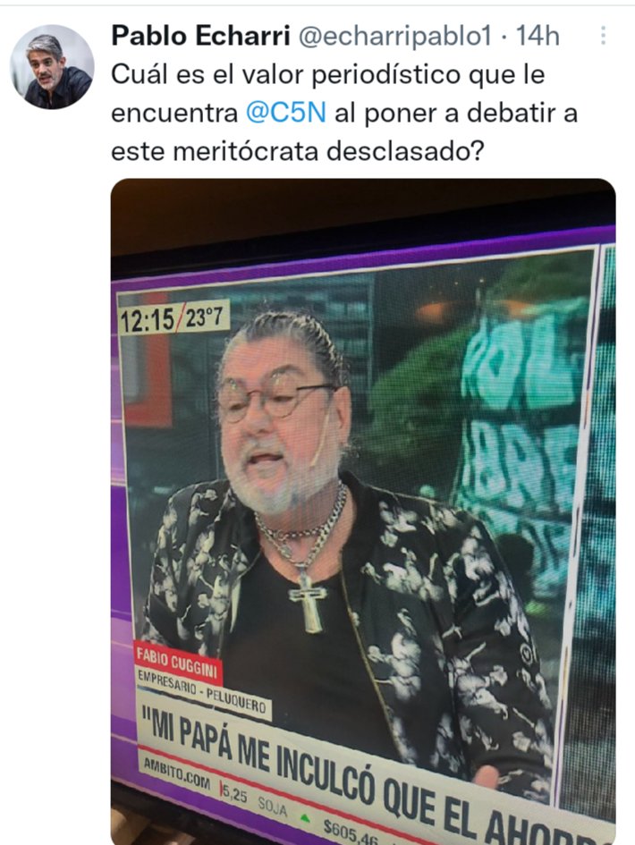 AlberCarp4's tweet photo. Pablo Echarri, más respeto con  Fabio Cuggini  (Peluquero)
El 70% de sus ganancias van para el Estado, y  el Estado le contesta con marchas de la Cámpora, de la CGT, de acampes que no dejan abrir  su local
Cuggini sino trabaja no cobra
Los piqueteros cobran por no dejar trabajar https://t.co/IzwR0Sr4XK