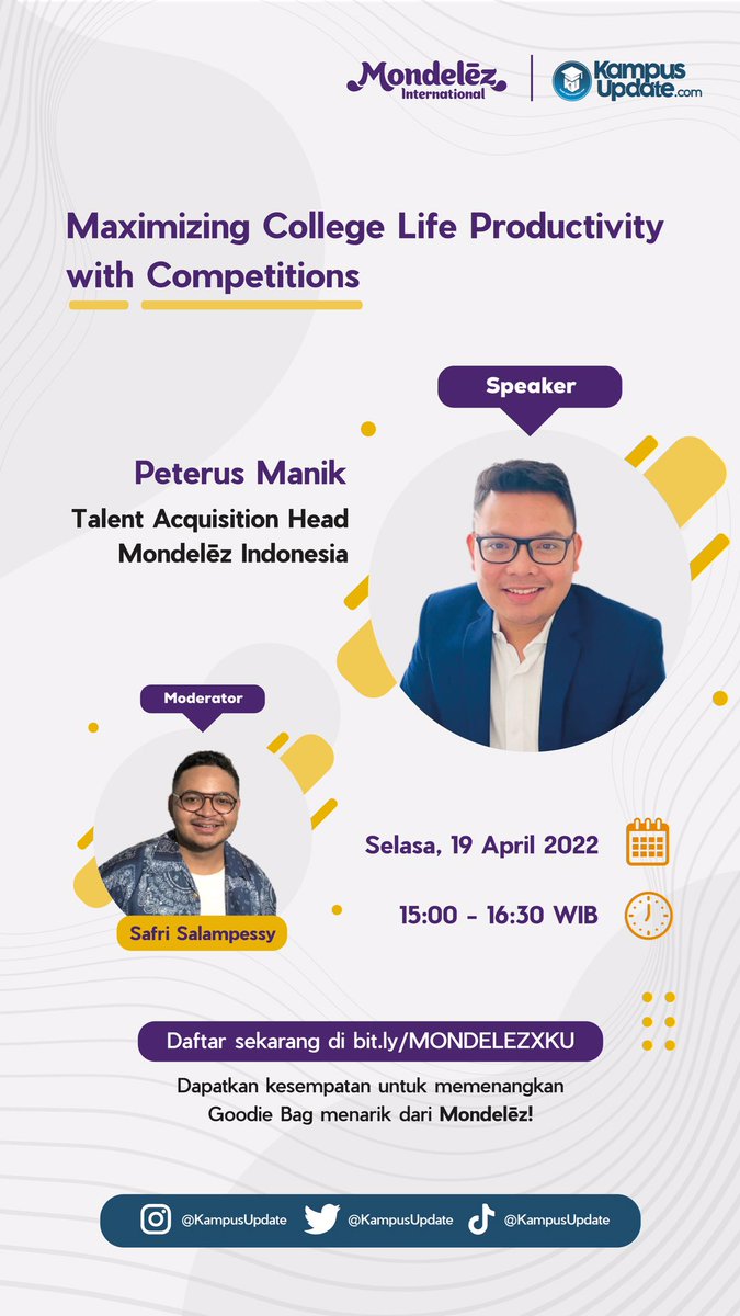 KampusUpdate's tweet photo. Mau banget jadi mahasiswa produktif?

Ikutan acara webinar Kampus Update bersama Mondelēz Indonesia dengan topik Maximizing College Life Productivity with Competitions.

Daftar sekarang di https://t.co/91IB3gKFLo

#KUXMondelēz
#KULive
#MondelēzIndonesia https://t.co/Os8qJzwh4F