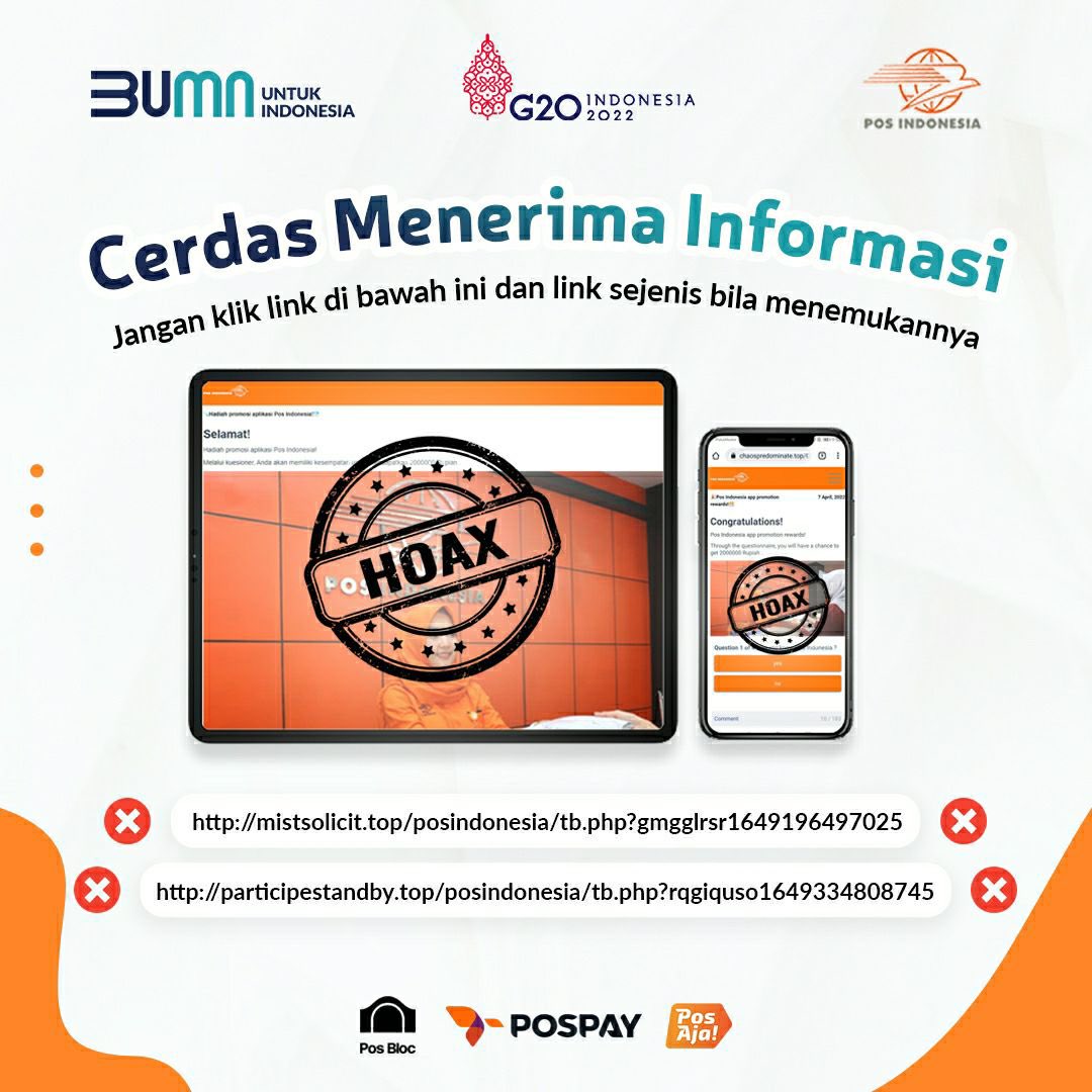 PosIndonesia's tweet photo. #sahabatpos, belakangan ini banyak beredar link hoax menggunakan nama  Pos Indonesia untuk memberikan hadiah yang sebenarnya itu merupakan tindakan penipuan.
#PosIndonesia #Hoax #lawanhoax https://t.co/CA4QL75xLt