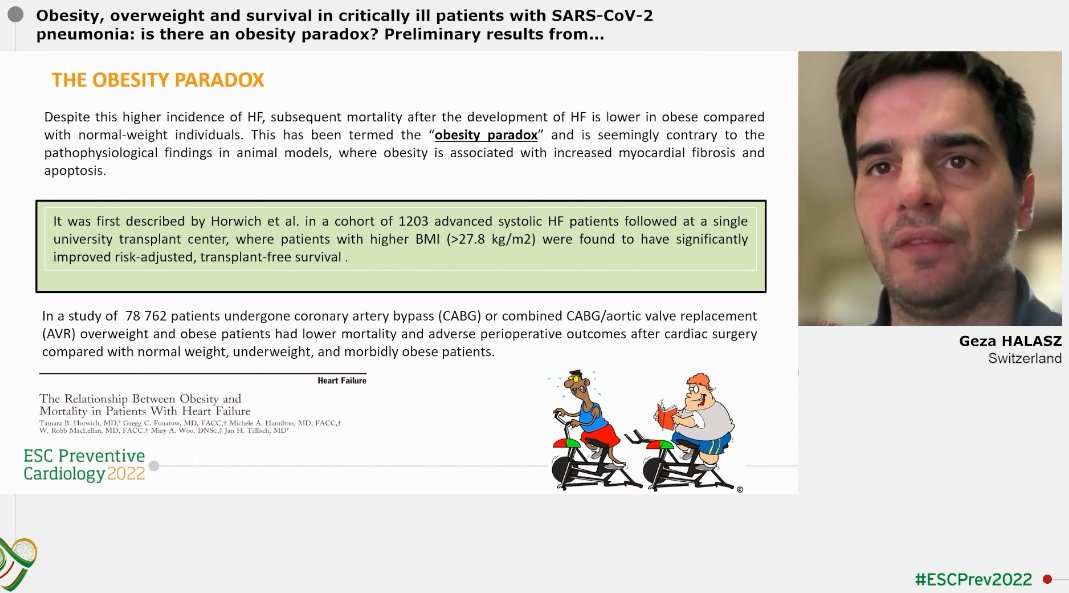 gbiondizoccai's tweet photo. Geza Halasz presenting now "Obesity, overweight and survival in critically ill patients with SARS-CoV-2 pneumonia: is there an obesity paradox" at The best of EJPC 2021 session 
https://t.co/alUpmpdauv
#ESCPreventive #ESCPrev2022 #EAPC_ESC  #CardioTwitter @escardio https://t.co/EzaEWRUe0z