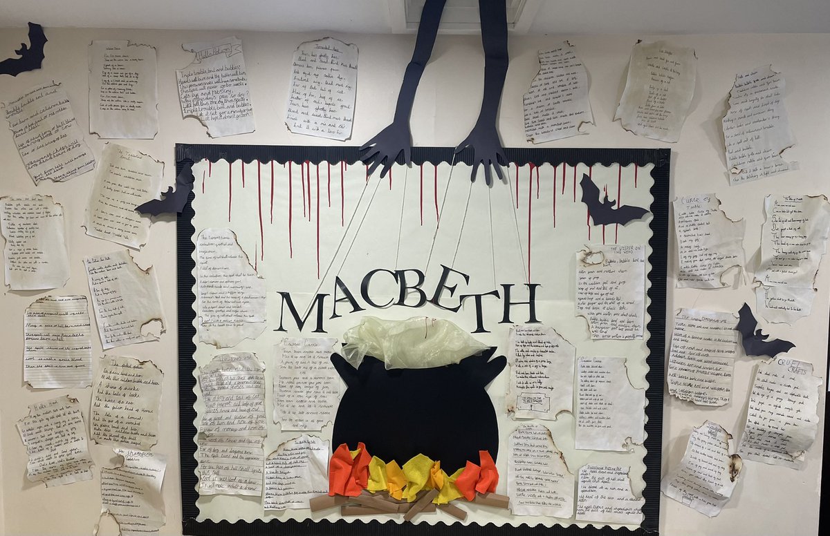 GreenfieldsSch's tweet photo. Year 5/6 have been studying Macbeth. We have produced a letter from Macbeth to his wife and a witches potion as seen in the display below. 😍
Our next outcome is a balanced argument. Macbeth: Hero or Villain?
🤔 💭
#DoubleDoubleToilAndTrouble #Macbeth #Shakespeare #KS2 https://t.co/PoKyiOWB0V