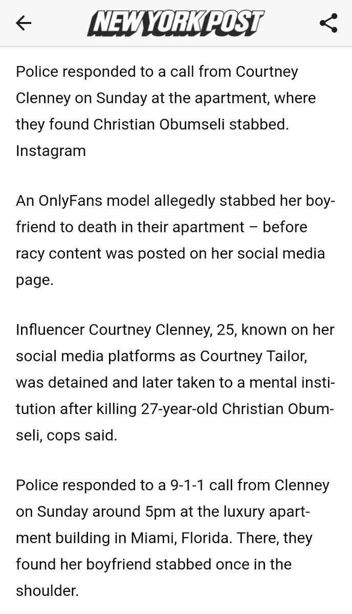 ReviewsPossum's tweet photo. Florida OnlyFans model Courtney Clenney arrested for allegedly stabbing boyfriend Christian Obumseli to death and sent to mental hospital under Baker Act.

Clenny reportedly had a history of abusive behavior toward Obumseli. https://t.co/VurVPAyTFG