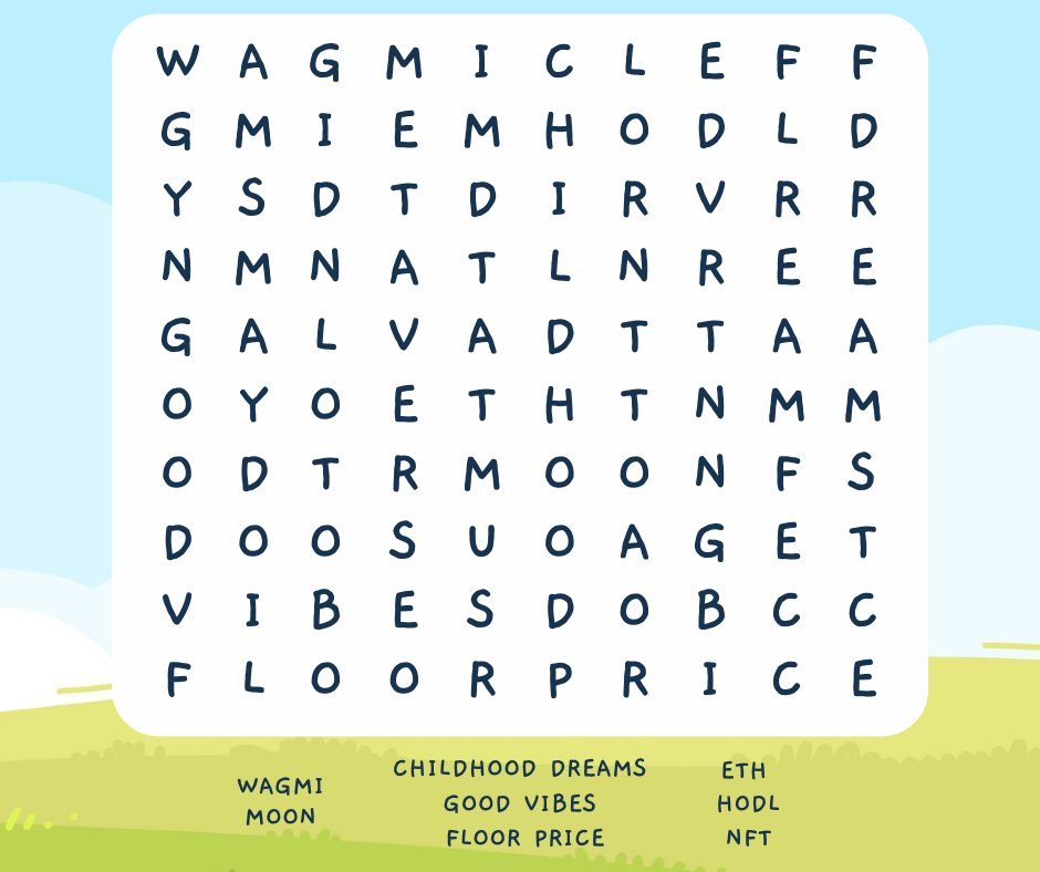 Childhood_NFT's tweet image. ✨Let's play Word Search Puzzle! 🥳

DM us the answer! 🎁😍
Limited spots. 🔥