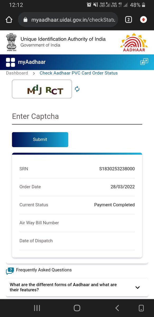MohdUzaib's tweet photo. Dear @UIDAI I have ordered my aadhar pvc card on 28th March but it is not still dispatched yet.A very bad experience with you.
SRN - S1830253238000
Ordered date 28th March 
Kindly find the attached screenshot for reference https://t.co/W5nFYf4S4s