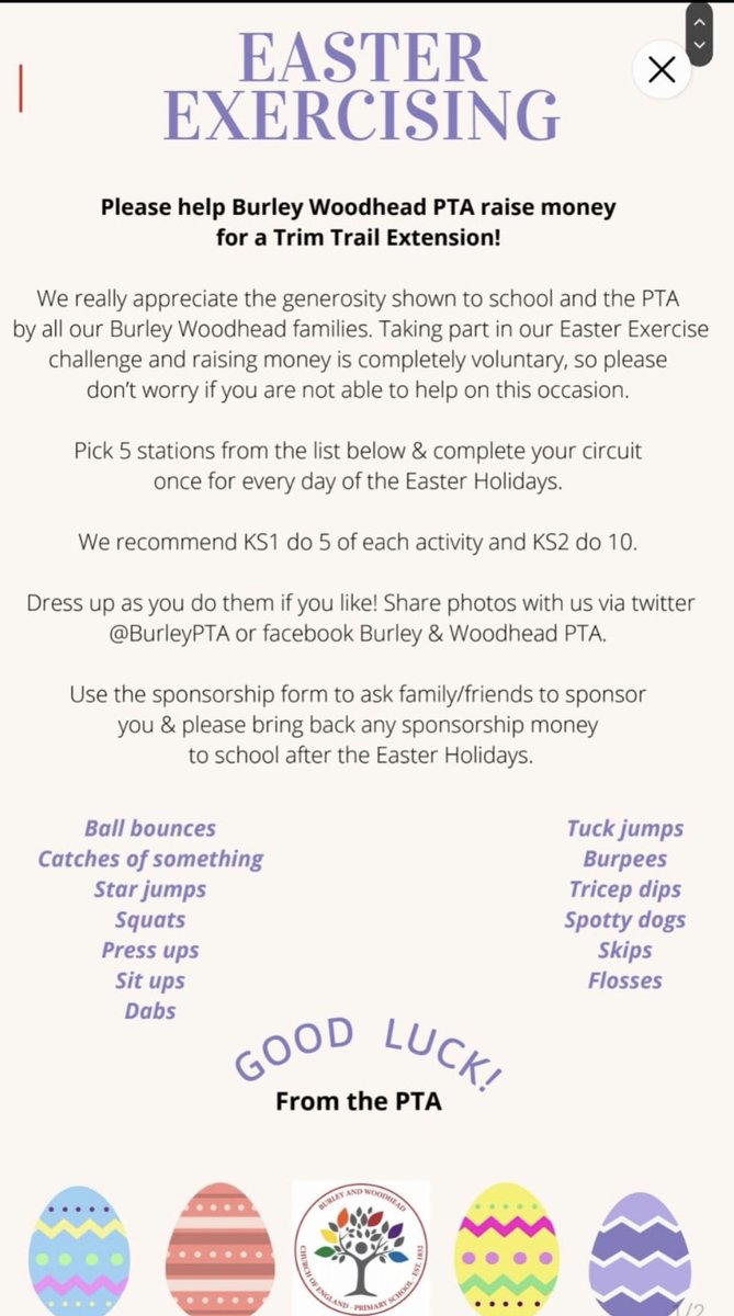 Easter Exercise Challenge to raise funds for a Trim Trail Extension! Please email pta@burleywoodhead.com if you need a form. Happy Easter! 🐣