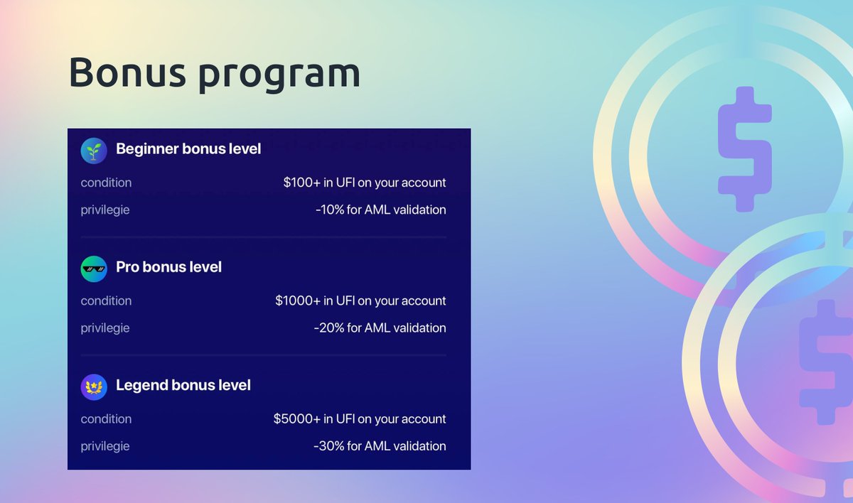 AMLBotHQ's tweet photo. Bonus program 🔥
Buy UFI and get a unique privilege and benefit up to 30% on our products.
Getting a bonus level is getting discounts on AML products
#crypto #aml #bonusprogramm https://t.co/zsaijEKGtl