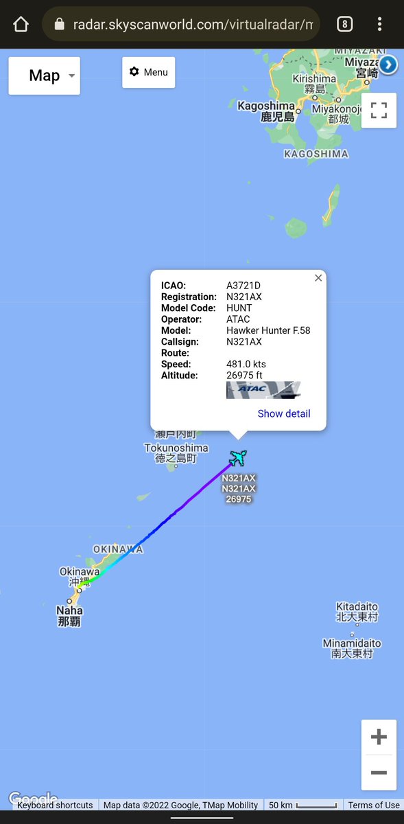 scan_sky's tweet photo. Airborne Tactical Advantage Company - Hawker Hunter F.58 - #N321AX

Recently Departed From Kadena Air Base 🇯🇵 &amp; Currently Routing North East.

Appears To Have Stopped At Kadena For Fuel After Routing Over From The Philippines 🇵🇭 https://t.co/bNhdByHHAi