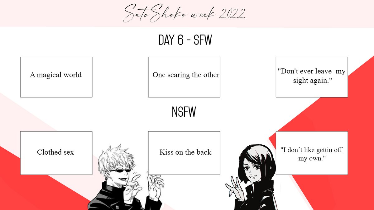 satoru_shoko's tweet photo. Almost at the end of the week, how are you doing? Don't worry if they don't arrive, we are going to extend late deliveries all month ;)
1) Tag us for rt and use #SatoShokoWeek or #SatoShokoNSFW
2) Collection in AO3: https://t.co/of1khL3JWu (SatoShokoWeek) https://t.co/ZQbdAV5Wiu