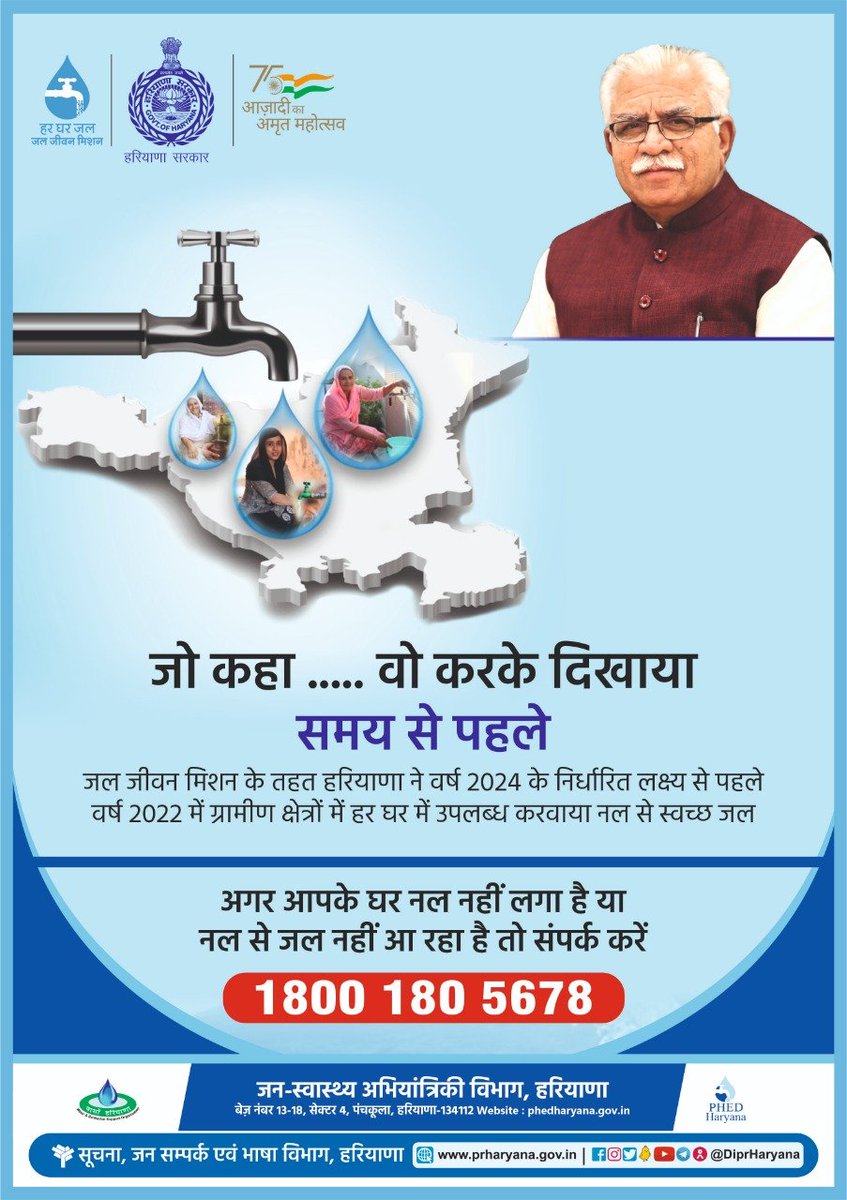 cmohry's tweet photo. हरियाणा ने 100% घरों के नल में जल पहुंचा कर 'हर घर नल से जल' मिशन के टारगेट को तय समय से पहले किया पूरा https://t.co/CreXPTEhUK