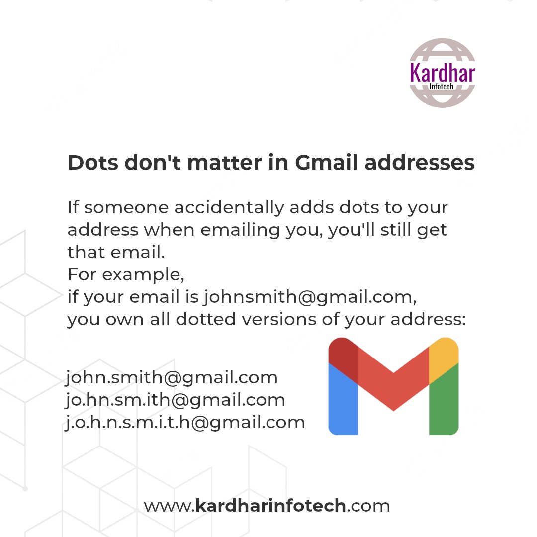 kardharinfotech's tweet photo. Adding dots doesn't change your address, so dots aren't why you got someone else's mail. Instead, the sender probably mistyped or forgot the correct address.
#Gmail 
.
.
.
.
.
#gmailfacts #gmailtips #emails #google #emailmarketing #emaillist #Digitalmarketing #KardharInfotech https://t.co/WKpeOipM6u