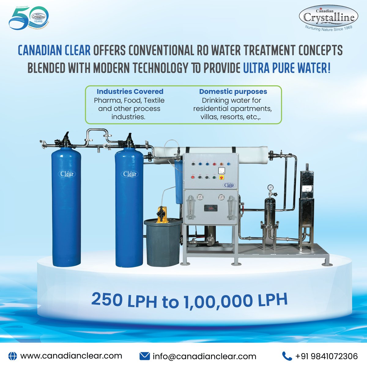 ccwilgroup's tweet photo. Get 100% Ultra Pure Water from Canadian Clear's RO plant with modern technology available for both industrial &amp; domestic purposes. Call @+91 98410 72306 #purewater #roplant #watertreatmentsystems #reverseosmosis #reverseosmosisplant #watercrisis #industrialroplant #industrialro https://t.co/eCz2slj0DA