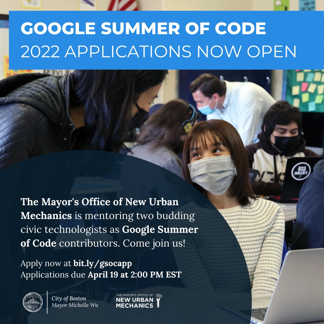 newurbanmechs's tweet photo. We're looking for two civic technologists to join us through @Google Summer of Code. If selected, your work this year will focus on building software that addresses issues residents face in Boston. Register now at https://t.co/GtnH2FZGz2 and apply by 4/19/22 #civictech #monum https://t.co/vhHiageS1z