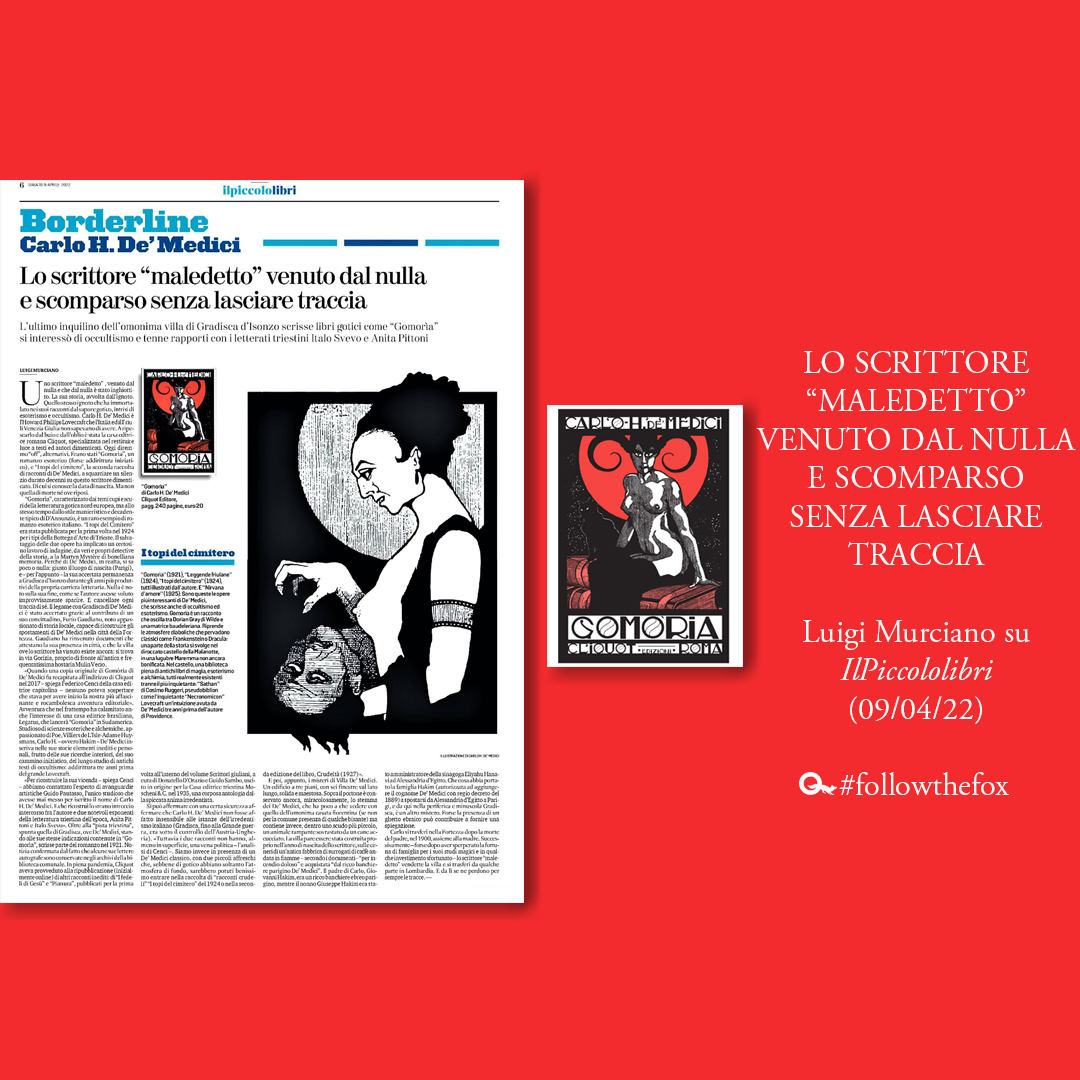 CliquotEdizioni's tweet photo. «Uno scrittore "maledetto", venuto dal nulla e che dal nulla è stato inghiottito. Carlo H. De' Medici è l'Howard Phillips Lovecraft che l'Italia e il Friuli Venezia Giulia non sapevano di avere.»
Luigi Murciano su @il_piccolo libri di oggi
#followthefox 🦊 https://t.co/YWXrmI0Zke