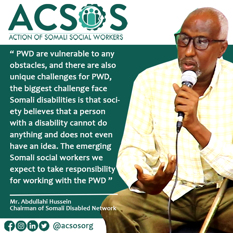 ACSOSorg's tweet photo. Abdullahi Hussein, Chairman of Somali Disability Network said "We expect that Somali social workers would work integrated with People with disabled" ...
#Somalisocialworkers #disability_is_not_inability
@MwomenHRD @sorayamonassar @KalsonAbdi @ahmedvision1 https://t.co/agubwxjuTv