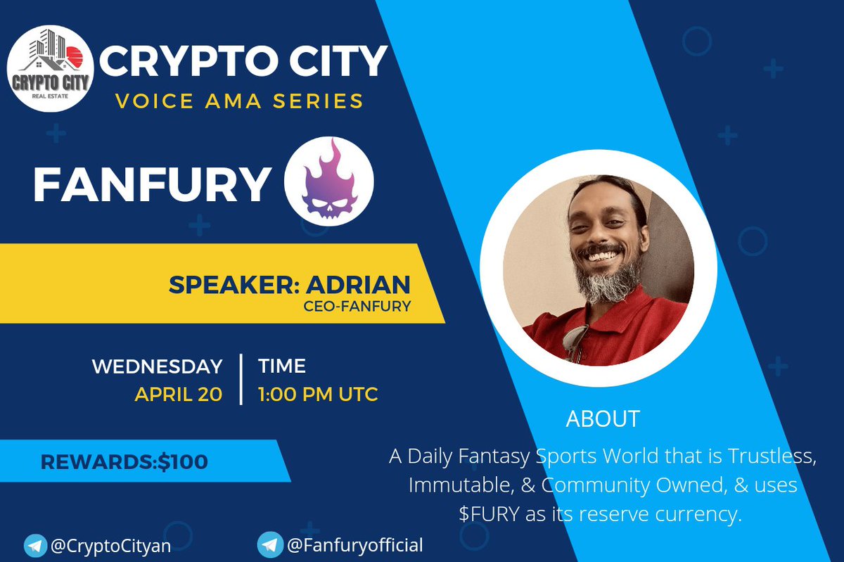 CryptoCity53's tweet photo. Voice📢 #AMA Series With @FanfuryOfficial

🎁Prize: $100 USDT
📆Date: 20 April 2022
🧭Time :01.00 PM UTC
🏨 Venue: https://t.co/XuQq3U2PzM

〽️ Rules:

1️⃣. Follow 
@CryptoCity53
  &amp;
@FanfuryOfficial

2️⃣. Like Retweet &amp; Comment Your Questions &amp; Tag 3 friends. https://t.co/uGbpFh8m5Q