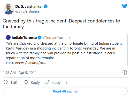 scroll_in's tweet photo. The Indian embassy in #Canada said it was “shocked and distressed” to hear about #KartikVasudev’s killing. https://t.co/htl7JkLrox

Union Minister of External Affairs S Jaishankar also expressed his condolences to Vasudev’s family. https://t.co/8P90VKYAq8