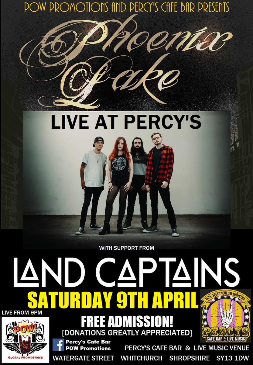 LandCaptains's tweet photo. Tonight we are in Whitchurch at @PercysCafeBar with the lovely folks in @PhoenixLakeUK ! See ya there at 9! https://t.co/ozGy8lZx6S