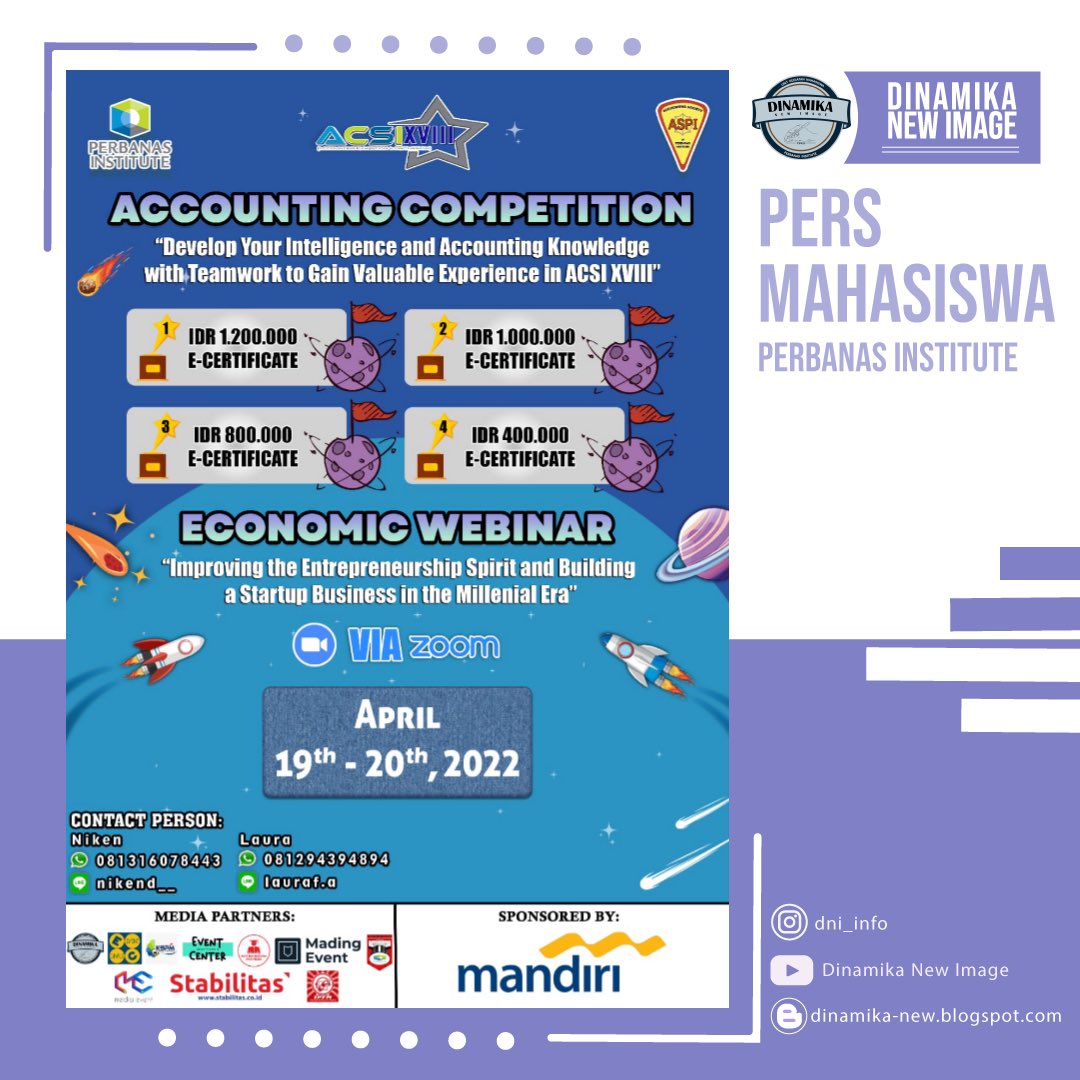 📚Accounting Exhibition and Discussion XVIII (ACSI XVIII) 📚

📆 On April 19ᵗʰ &amp; 20ᵗʰ, 2022

💰FREE FOR THE COMPETITION ACSI XVIII❗

Regist now⬇️
bit.ly/lombaacsixviii
bit.ly/webinaracsixvi…

For further information👇👇

•Niken: 081316078443/nikend__ (ID Line)