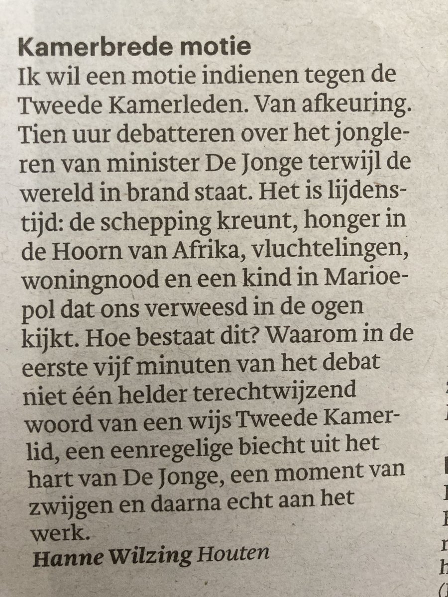 Soms moet iemand het gewoon weer eens een keer zeggen. Dank Hanne Wilzing in <a href="/trouw/">Trouw</a>