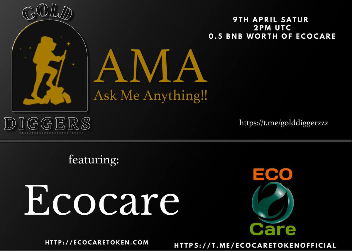 EcoCareToken's tweet photo. Don't miss!
2PM UTC AMA with the fantastic
@golddig60324789 Team! https://t.co/P2UQHyC8pL