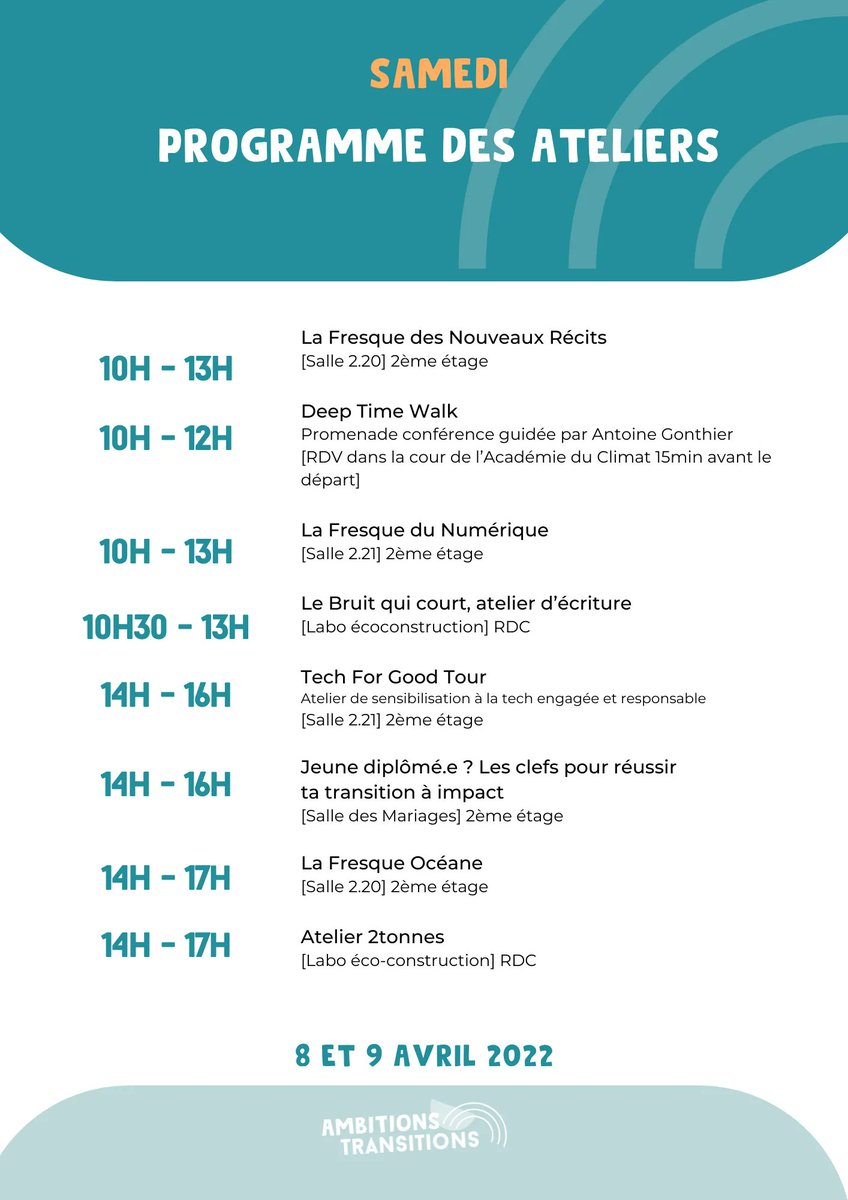 Ambitions Transitions (@amb_transitions) on Twitter photo Encore plein de conférences et d'ateliers prévus pour aujourd'hui !! 🔥
Retrouvez le programme ici ⤵️
On vous attend nombreux à l'<a href="/AcademieClimat/">Académie du Climat</a> 🤩
🌍Académie du climat: 2 place Baudoyer 75004 Paris
#AmbitionsTransitions #Forum #transitions #transitionecologique Encore plein de conférences et d'ateliers prévus pour aujourd'hui !! 🔥
Retrouvez le programme ici ⤵️
On vous attend nombreux à l'<a href="/AcademieClimat/">Académie du Climat</a> 🤩
🌍Académie du climat: 2 place Baudoyer 75004 Paris
#AmbitionsTransitions #Forum #transitions #transitionecologique