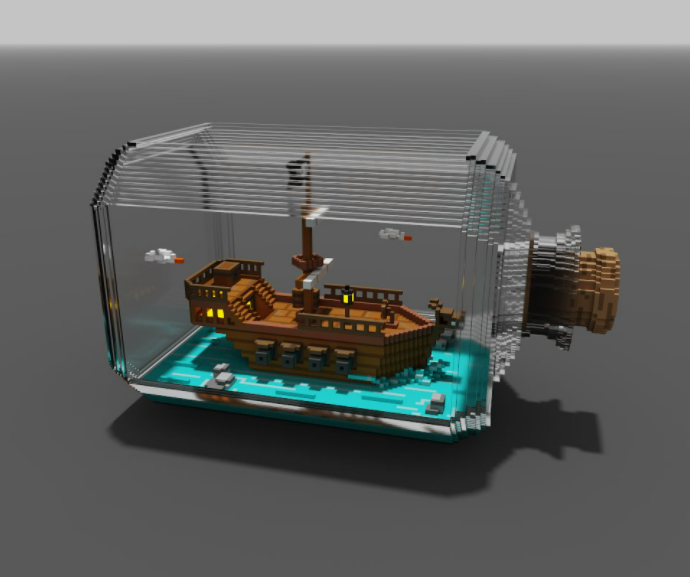 An NFT by sleepy pirate NFT. A pixel ship in a pixel bottle.