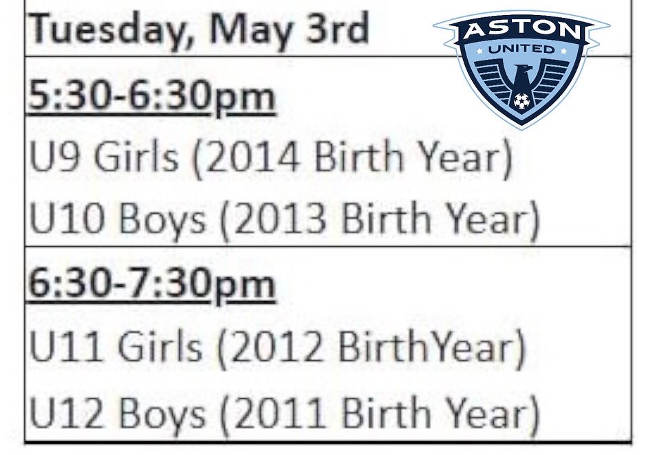 AngelaSands048's tweet photo. Aston United 2022 Tryout Schedule
Location: Maple Zone Outdoor Turf - Field C

If you have a conflict with your child's assigned tryout time, please reach out

Boys Travel VP- Somboun Inthavong somboun.inthavong@gmail.com

Girls Travel VP- Tom Baggio tcbaggio@gmail.com

#aysa https://t.co/yGQw7p9Dai