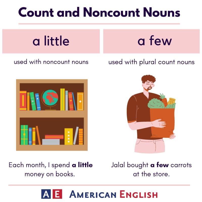 ajhogeofficial's tweet image. We use &apos;a few&apos; and &apos;a little&apos; to express small amounts of count and noncount nouns. Check out the graphic below and practice by writing your own examples! #LanguagePoint ajhogeclub.com