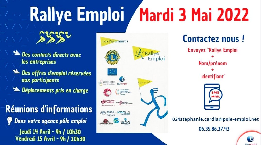 En route pour le Rallye Emploi !
Venez participer aux informations collectives en partenariat avec le <a href="/lionsclubs/">Lions International</a> le jeudi 14 Avril à l'agence @pole_emploi de Bourg en Bresse. Mes coordonnées sont indiquées sur le flyer pour réserver votre place !