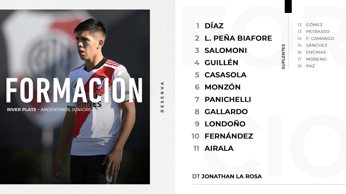 RiverPlate's tweet photo. ¡Los 11 de River para enfrentar a Argentinos Juniors!

📲 Mirá el partido acá ➡️ https://t.co/xvIIwON4WJ

#ReservaLPF | #VamosRiver https://t.co/WUHjAN1tti