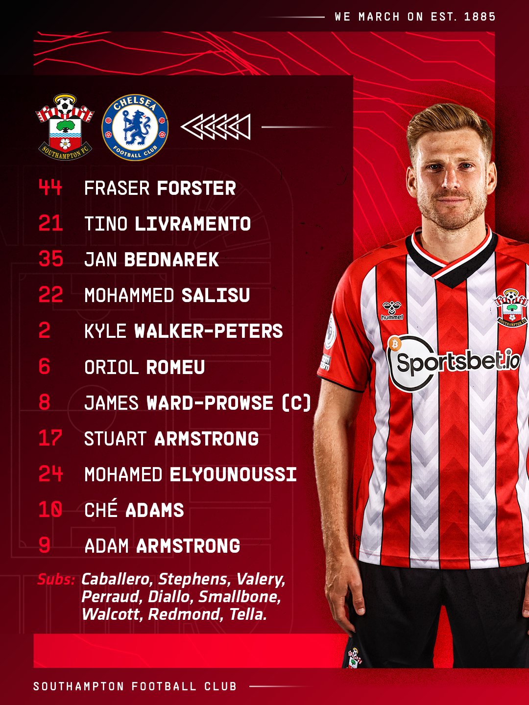 Southampton starting XI: Forster, Livramento, Bednarek, Salisu, Walker-Peters, Romeu, Ward-Prowse, S. Armstrong, Elyounoussi, A. Armstrong, Adams. Subs: Caballero, Stephens, Valery, Perraud, Diallo, Smallbone, Redmond, Walcott, Tella.