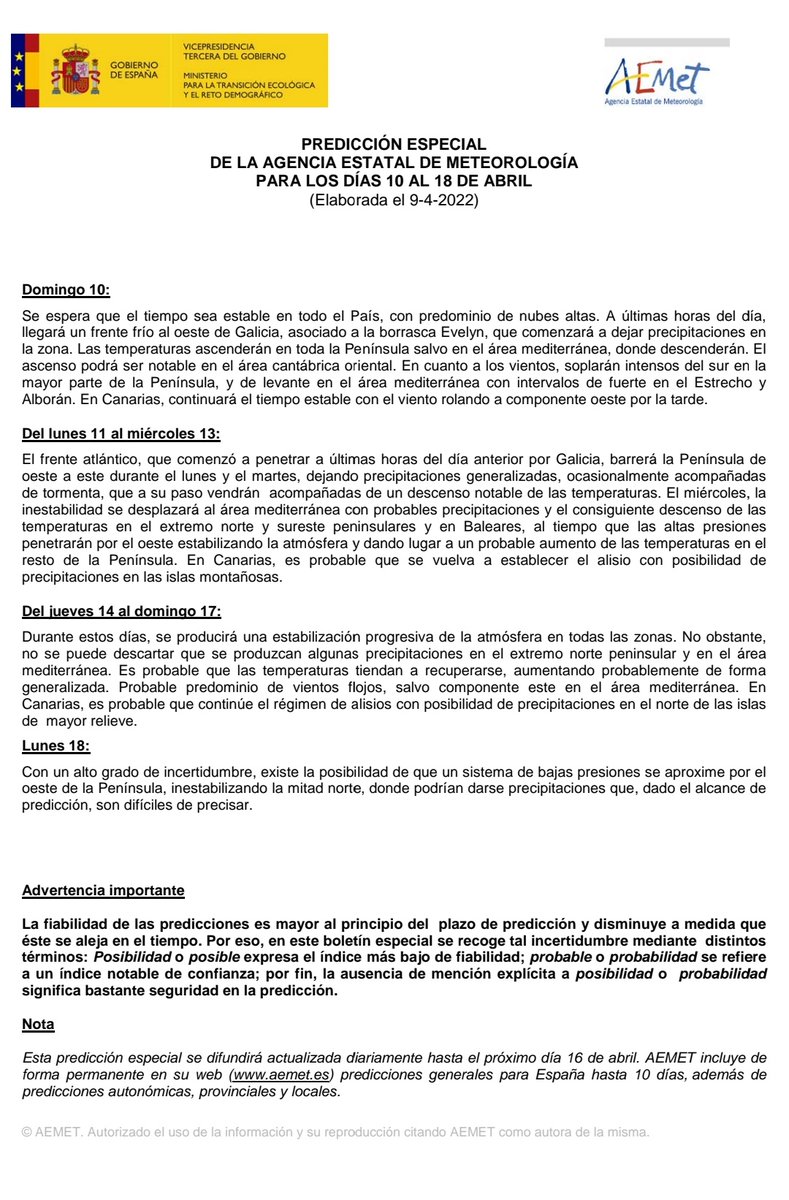 AEMET_Esp's tweet photo. ⚠️ Actualizamos nuestra #PredicciónEspecialAEMET válida del 10 al 18 de abril 👉 https://t.co/7rUNssMT8H