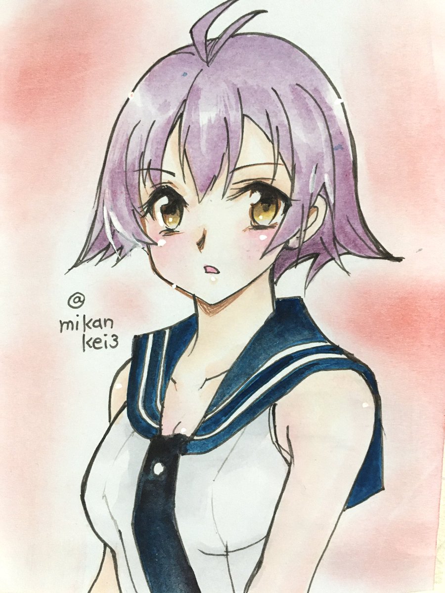 sakawa (kancolle) 1girl solo short hair purple hair upper body sailor collar school uniform  illustration images