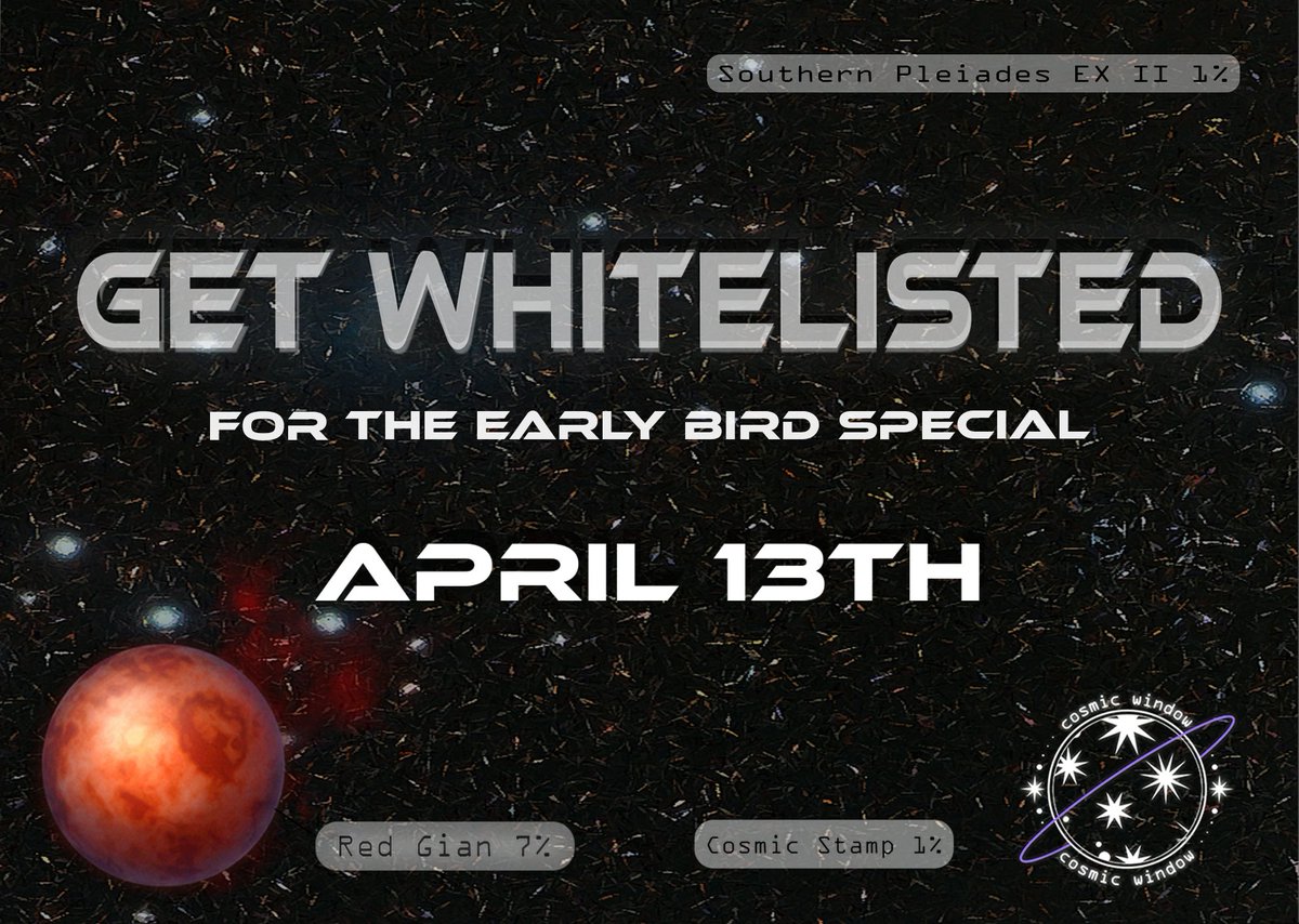 NFTCosmicWindow's tweet photo. Happening now at https://t.co/RrLWxAbcuG
Plus enter to win 1 Cosmic Window and 0.01ETH
➡️ Follow @nftcosmicwindow
➡️ RT+Like
➡️Join Discord:https://t.co/Ipx1yhRpbw
#whitelist #nft #NFTGiveaway #cosmicwindow #Ethereum https://t.co/w22UIdJIEs